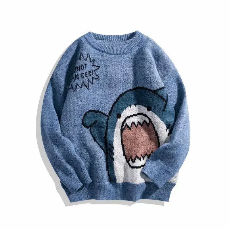 Autumn/Winter Japanese Cartoon Shark Round Neck Couple Sweater Men's Trendy Brand Loose-Fit Korean Knitted Top Hong Kong Style