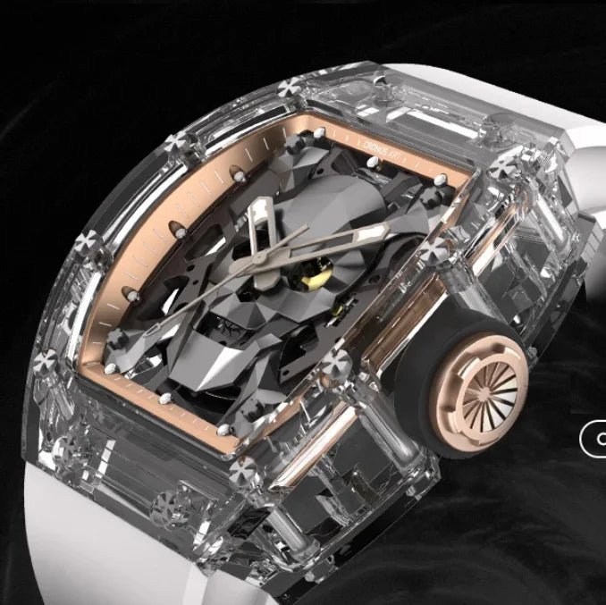 CRONUSART Men Automatic Watch 50mm Tonneau Mechanical Wristwatch Sapphire Case & Mirror Luminous Fluororubber Strap Skull Dial
