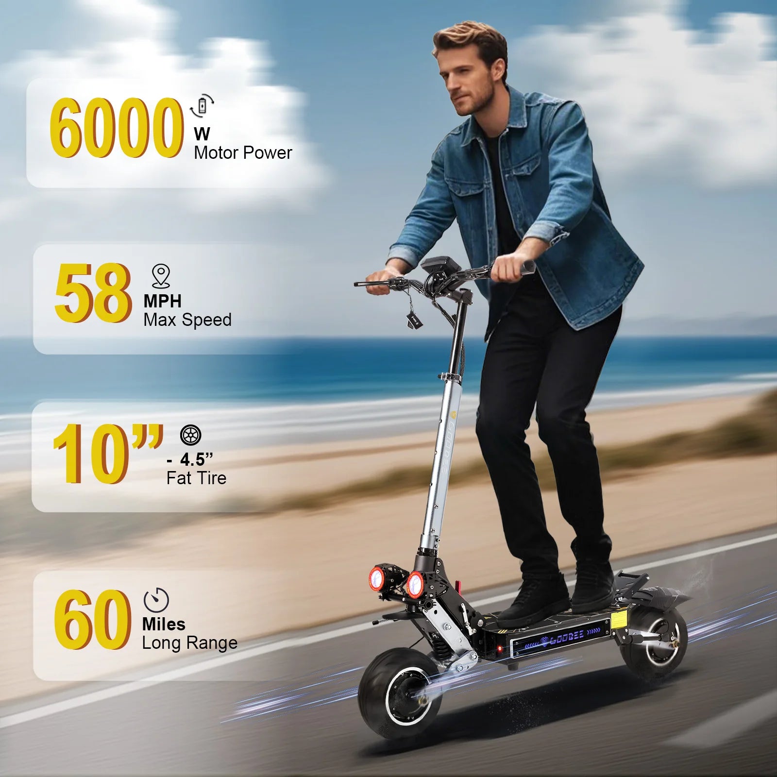 ZonDoo Pro 6000W 60V 38AH Dual Motor Electric Scooter Max Speed 95KM/H Max Mileage 90-110km 11 Inch Road Tyre Electric Scooter