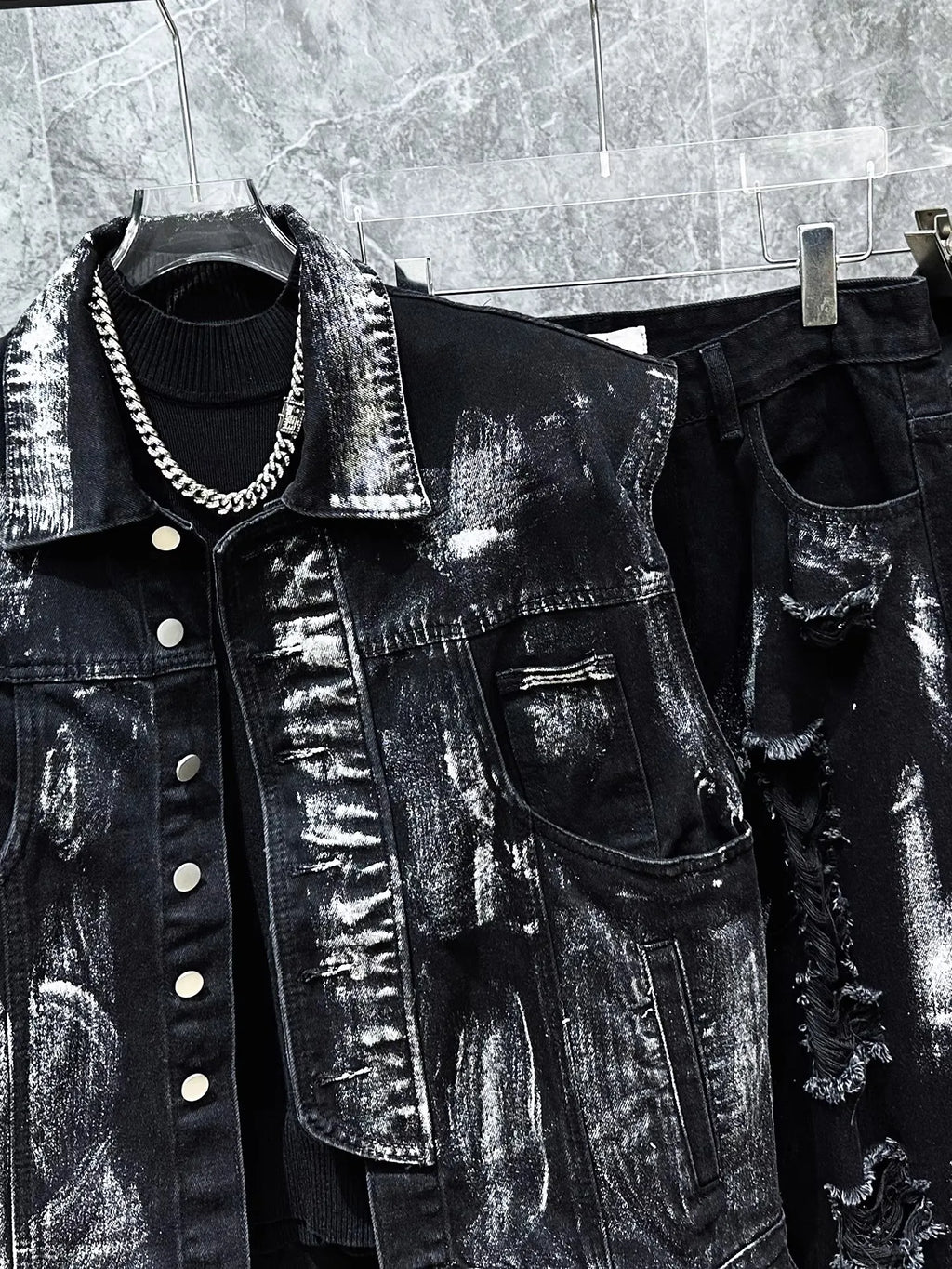 Men's Ripped Jeans Two-piece Set Splashed Ink Vest Jacket Straight Leg Pants American Fashion Autumn High Street Male Denim Sets