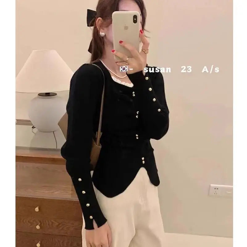Pleated Slit Hem Contrast Patchwork Sweet Pullovers Women Clothing New Long Sleeve Fashion Sweaters Casual Korean Autumn Winter