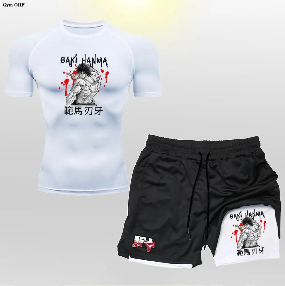 Anime Baki Sport Suits Runing Compression Shirt Shorts Sets Gym Fitness Jogging Training Rashguard Sportwear 2 in 1 Mens