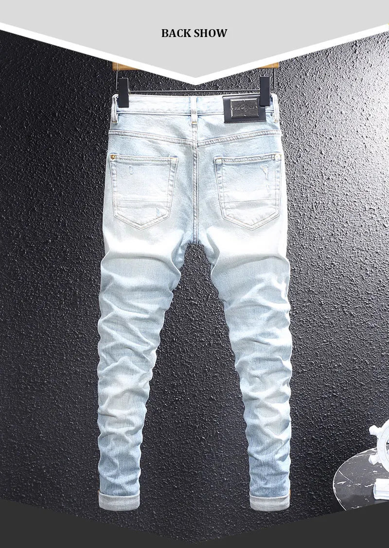 Fashion designer men's retro washed light blue elastic slim fit printed corrugated jeans men's Italian style retro denim pants h