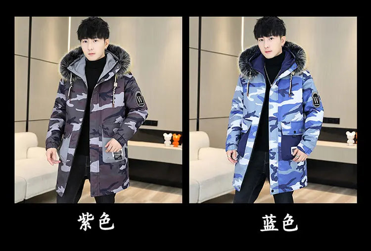 Fashion Mid-Length Camouflage Warm Parkas Winter Men's High Street Wear Windproof Hooded Plush Jackets Outdoor Thick Fleece Coat
