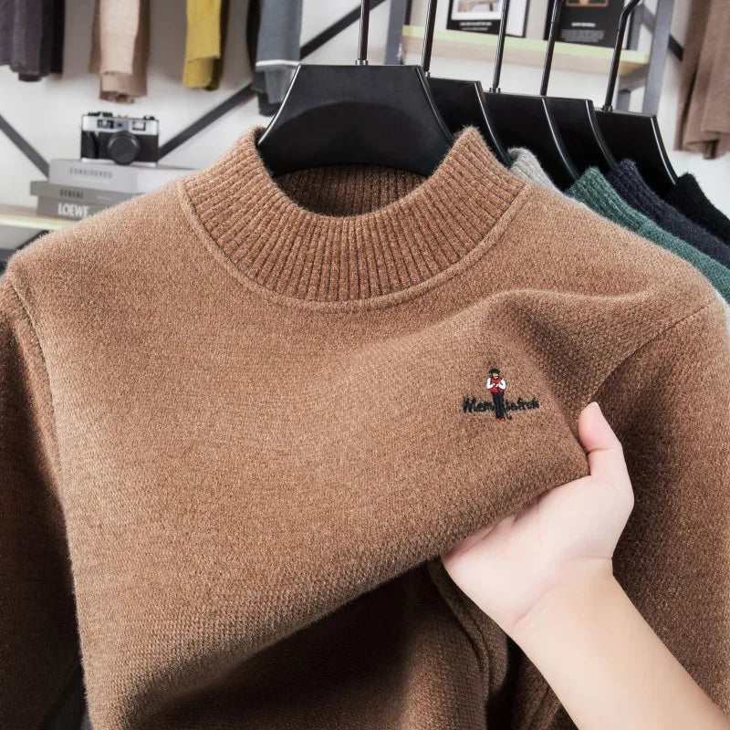 Light luxury brand round neck sweater knitted plush thicken warm pullover cartoon character embroidery fashion golf men's wear
