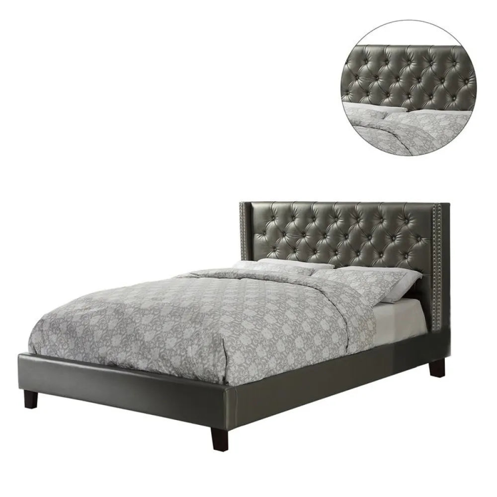 Full Size Silver Faux Leather Upholstered Tufted Bed Frame Headboard Bedroom Set