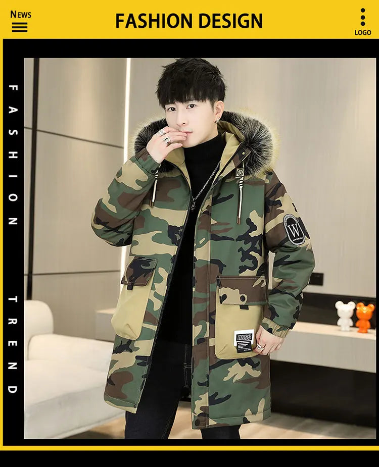 Fashion Mid-Length Camouflage Warm Parkas Winter Men's High Street Wear Windproof Hooded Plush Jackets Outdoor Thick Fleece Coat