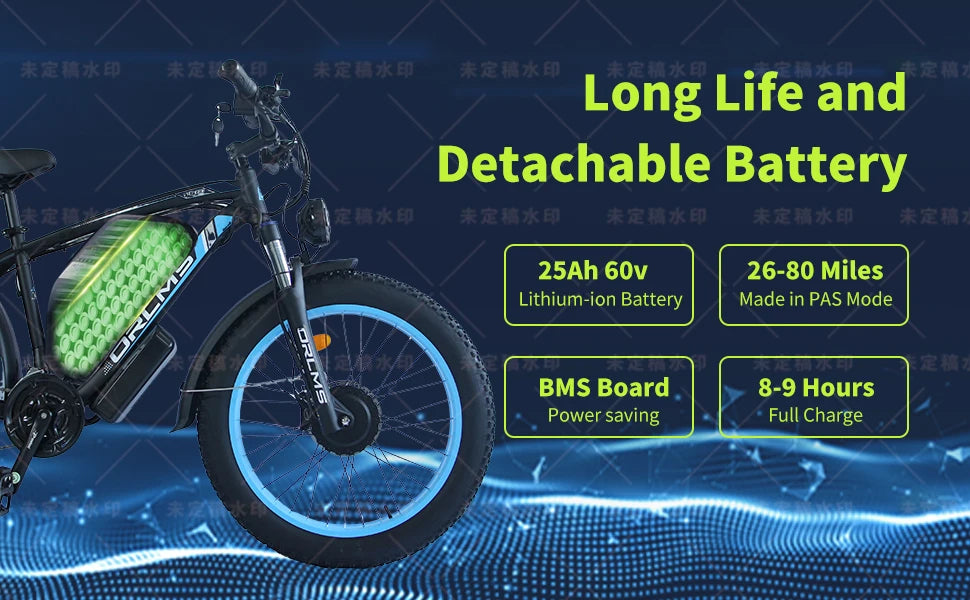 ORLMS TS60 Adult Electric Bicycle 1000W*2 Motor Men's E-bike  60V25AH Battery E-bike 26" Fat Tire Men's E-Mountain ebike