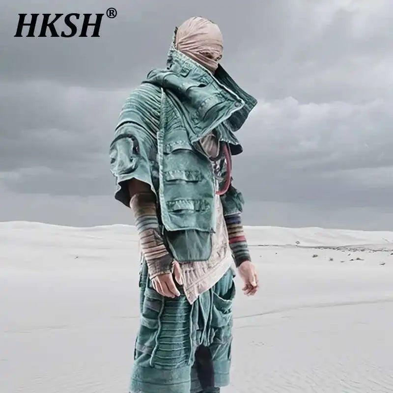 HKSH Spring New Men Tide Punk Sand Waste Land COS Asymmetric Deconstruction Pleated Coats Futuristic Washed Short Jackets HK4206