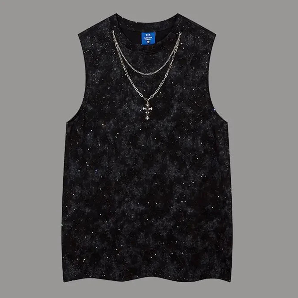Men Vest Shiny Night Sky Casual Tank Top Nightclub Streetwear Fashion Stage Performances Niche Cross Top Men'S Clothing 2025 New
