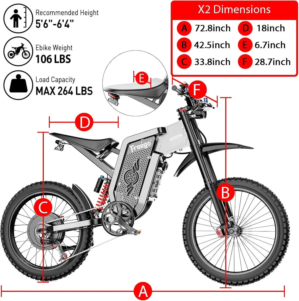 Freego X2 Electric Dirt Bike 6000W Motor 60V 30Ah Removable Battery Max 50Mph E-Bike 19" x2" Tire Off-Road Motorcycle for Adults