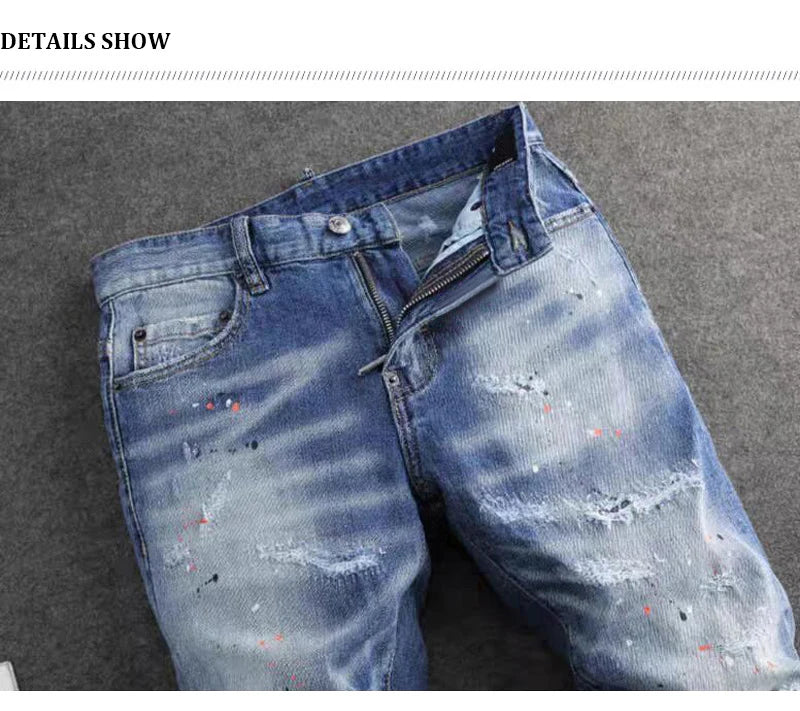 Fashionable new jeans washed with nostalgia, stretchy, slim fit, light blue, men's ripped patch jeans, high street hip-hop pants