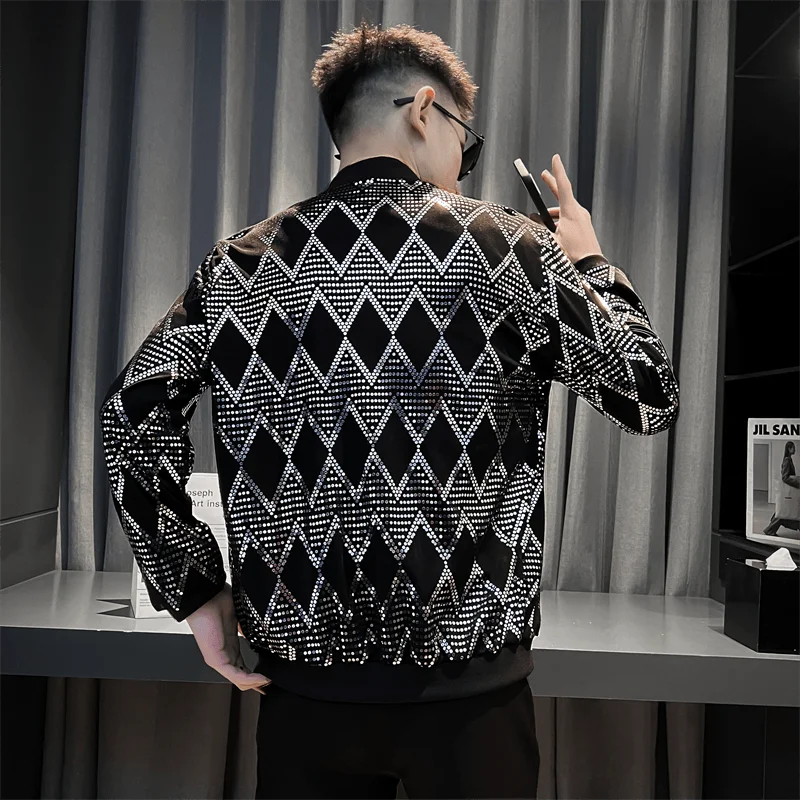 Y2K Men's Streetwear Night Club Stage Thin Motorcycle Jackets Fashion Men Hip Hop Sequined Bombers Jacket Coat Fashion Clothing