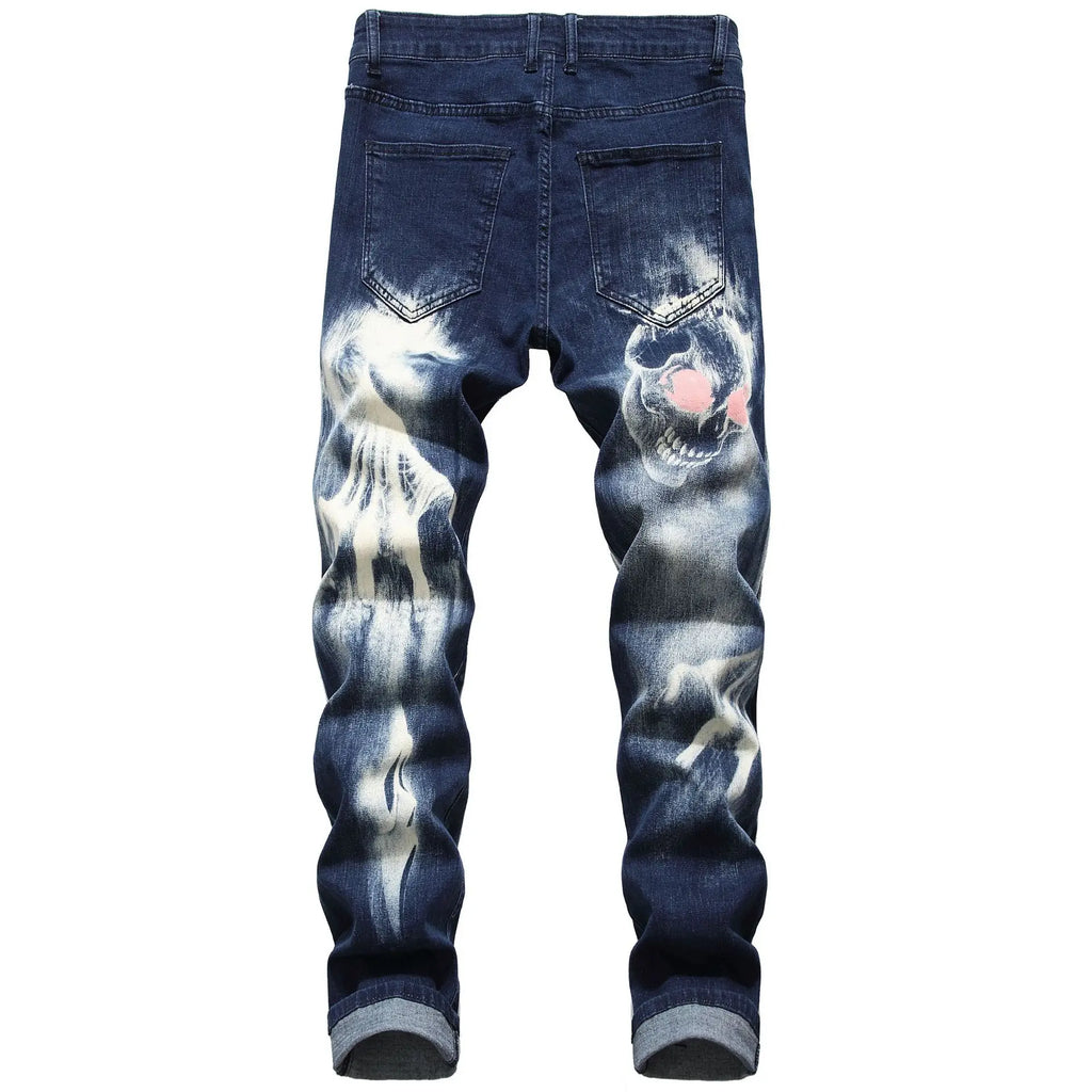 2026 Men's Blue 3D Printing Jeans, Black Wolf Pattern Printed Punk Straight Cotton Casual Print Denim Pants Asian Size 28-42