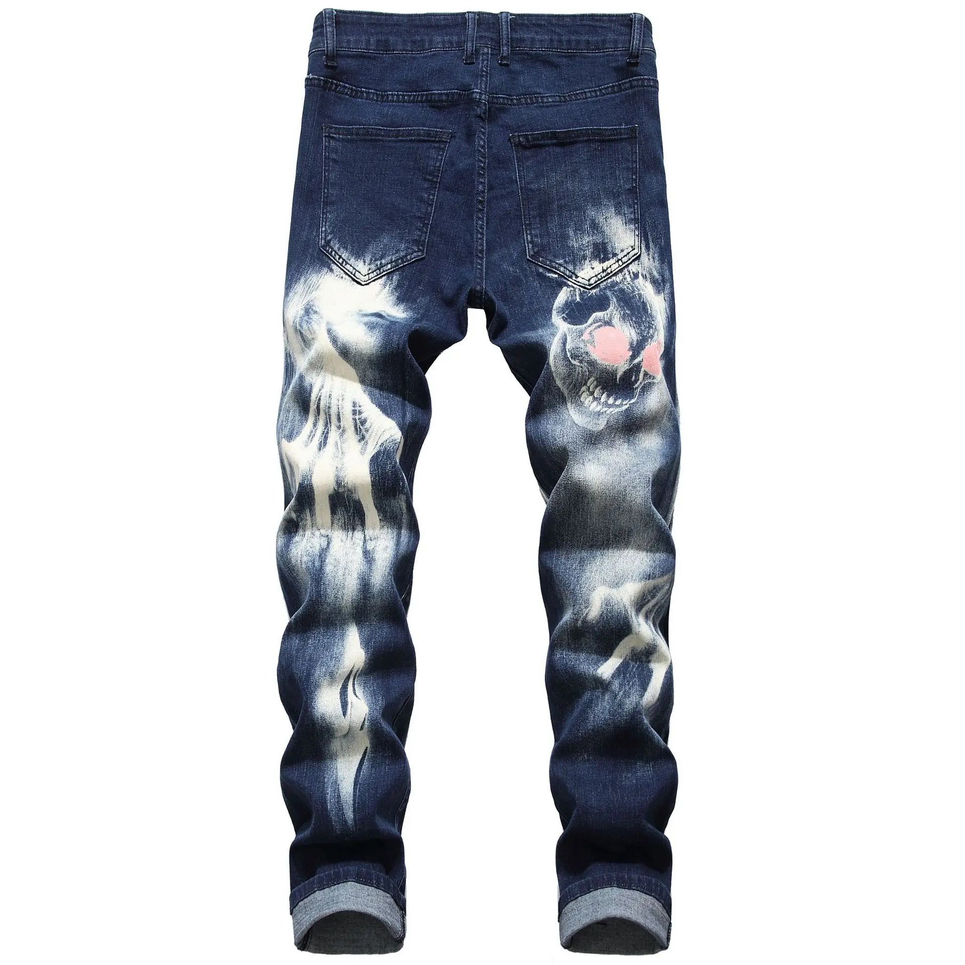 2026 Men's Blue 3D Printing Jeans, Black Wolf Pattern Printed Punk Straight Cotton Casual Print Denim Pants Asian Size 28-42