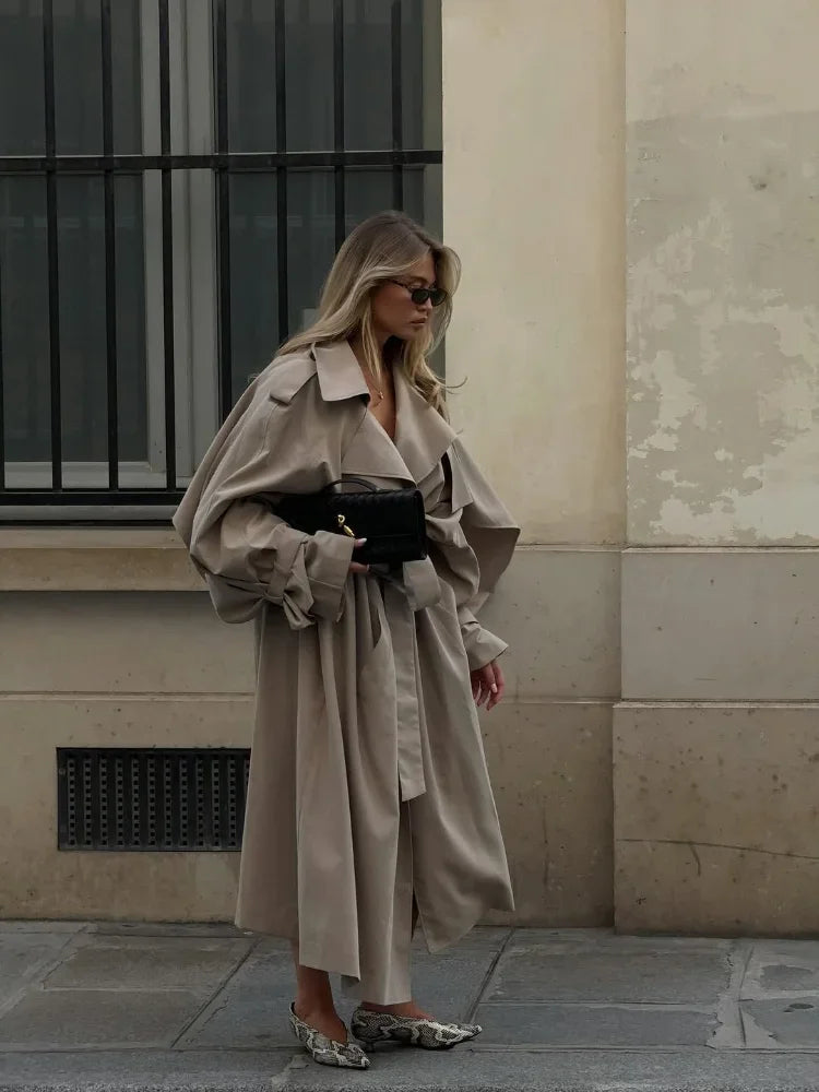 Solid Lace Up Long Trench Coat Women Fashion Full Sleeve Lapel Single Breasted Loose Outerwear 2026 Lady Spring High Street Coat