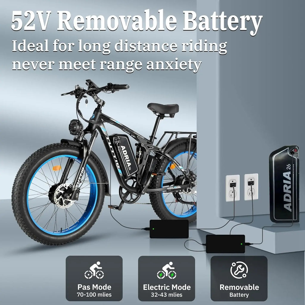 26 Dual Motor Electric Bike for Adults, 5000W Peak 210NM 40-46MPH Fast E-Bike, 52V 25AH Motorcycle, 32-90 Miles, 26