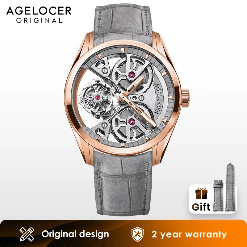 AGELOCER Free-sprung Balance Manta Tourbillon Watch Gold Watch Men's Luxury Skeleton Manual Mechanical Watch Gifts for Men