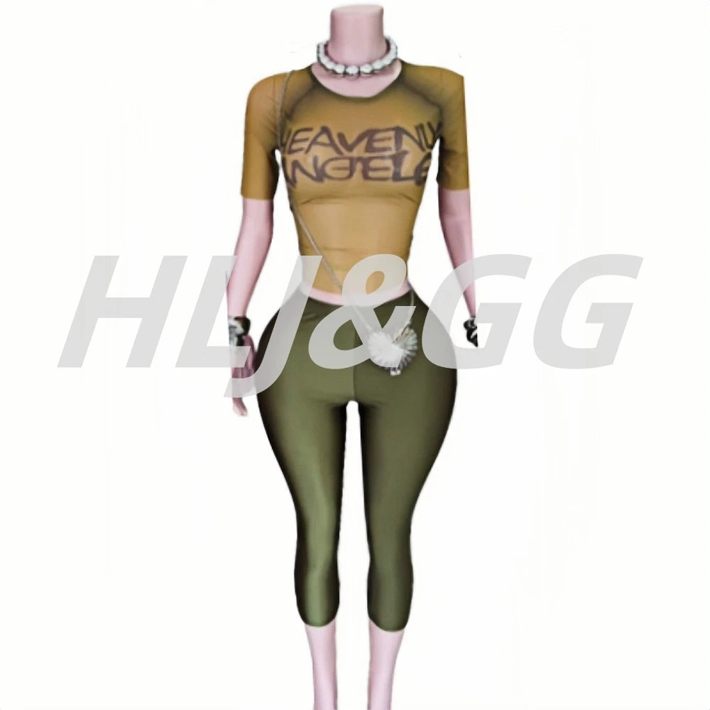HLJ&GG American Vintage Fashion Letter Mesh See Though Two Piece Sets Women O Neck Short Sleeve Slim Crop Top And Pants Outfits