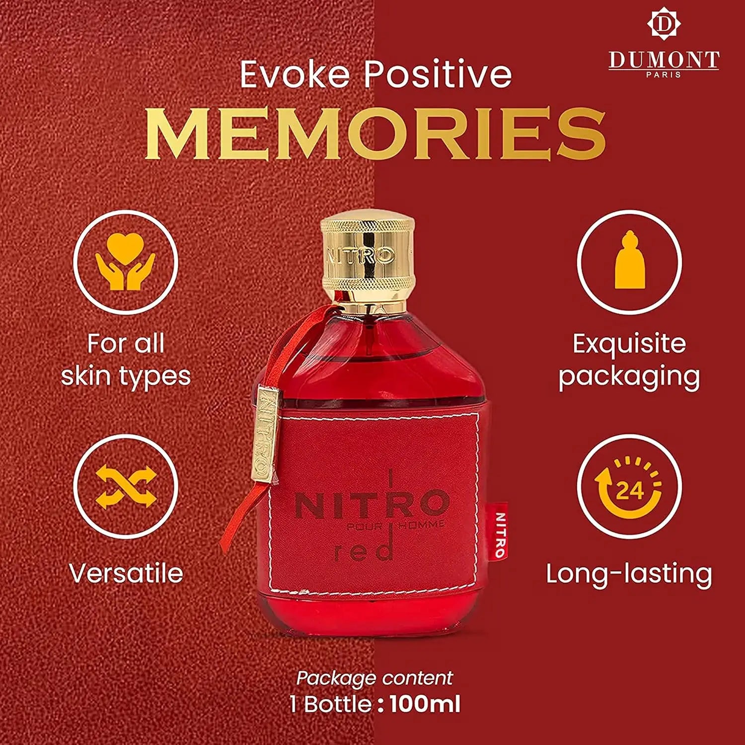 Dumont NITRO RED - 3.4oz - Eau De Parfum - Luxury Perfume for Men - Fruit, Woody, Floral & Masculine Fragrance - Long Lasting Co
