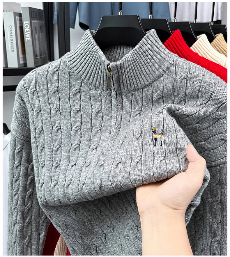High end brand fashion jacquard sweater cartoon dog embroidery zipper semi high neck autumn winter warm men's knitted pullover