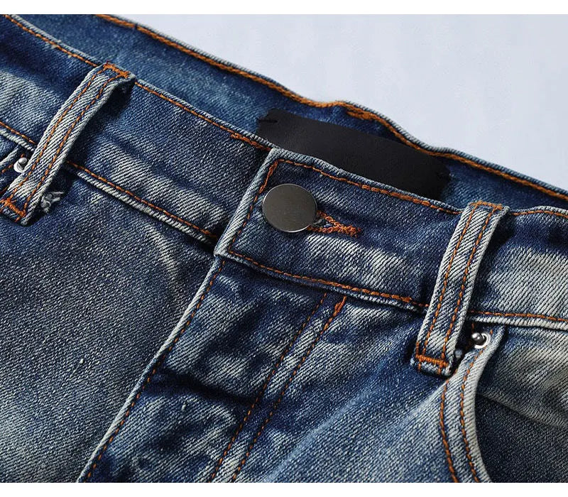 European and American designers fashion new men's jeans stretch slim fit retro light blue patchwork white patch jeans high stree