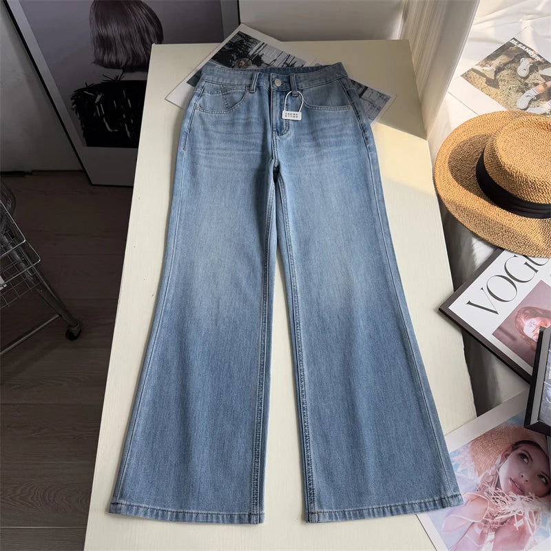Summer Thin High Waist Slimming Bell Bottom Jeans Women's Fashion Korean Anime Leg Transformation Nine-Piece Micro Flared Denim