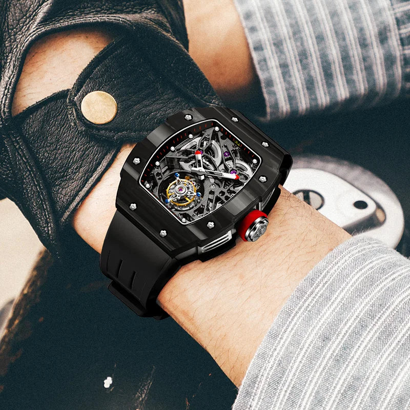 Haofa Automatic Tourbillon Watch Men Carbon Fiber Hollow Movement Luminous Sapphire Crystal Mechanical Man Watches Luxury 1901-1