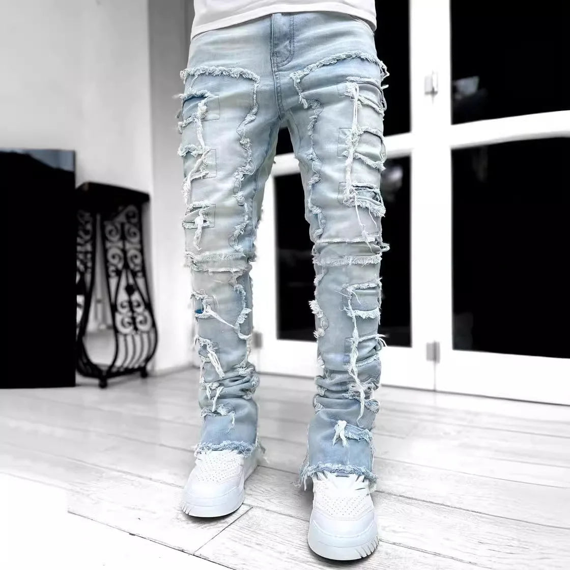 2026 New Men's Straight-Leg Jeans, Street Fashion Stretch Casual Jacquard Denim, Hip-Hop Street Style Jeans