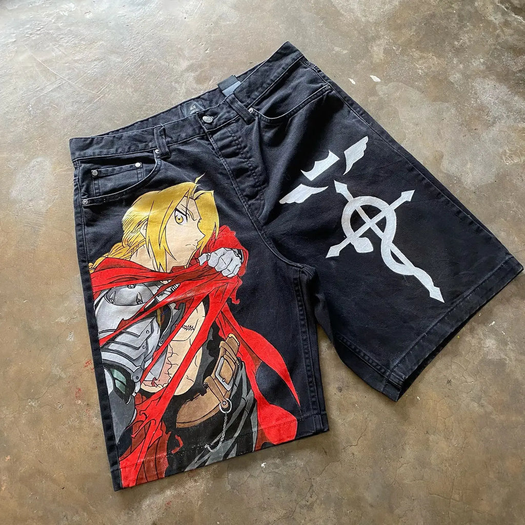 Japan Cartoon Anime Characters Graphic Print Hip Hop Denim Shorts Y2k Harajuku Retro Straight Jorts Streetwear Men Women Shorts