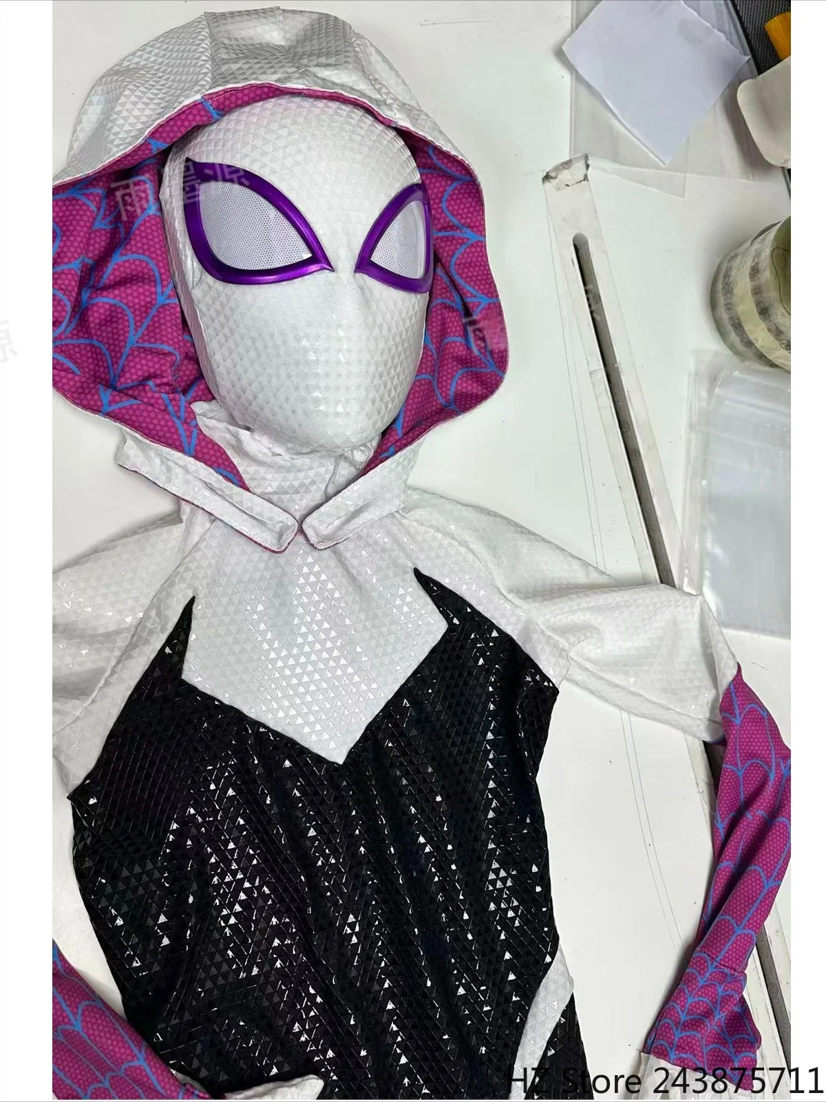 Hand-Printed Gwen Spider-Man  Jumpsuit with Mask 1:1 3D Handmade Customized Silk Screen Body Suit: Cosplay Costume