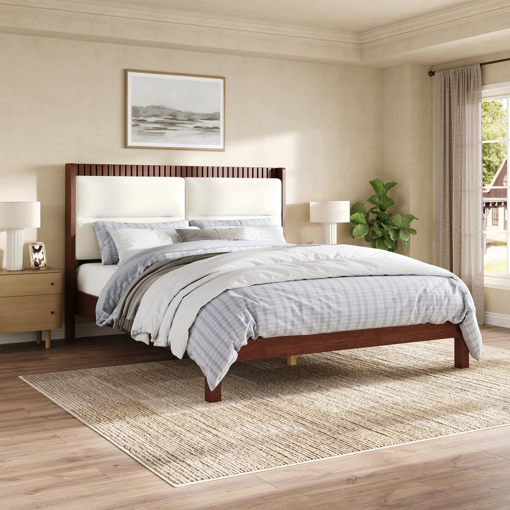 Solid Wood Queen Size Platform Bed Frame with Beige Velvet Upholstered Headboard, Espresso, No Box Spring Needed