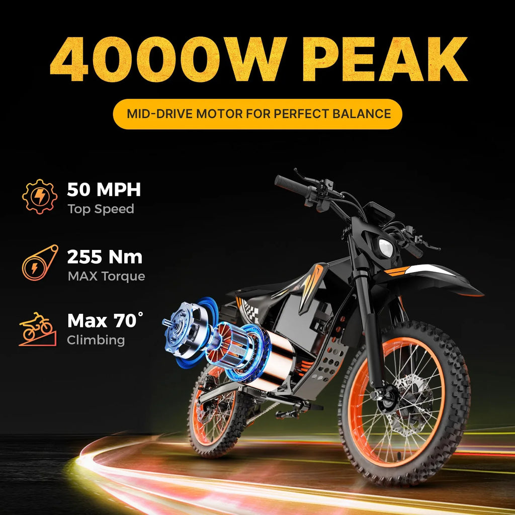 Fat E-Bike 60V 28Ah Off-Road E-Motorcycle 50 MPH 4000W Electric Dirt Bike US