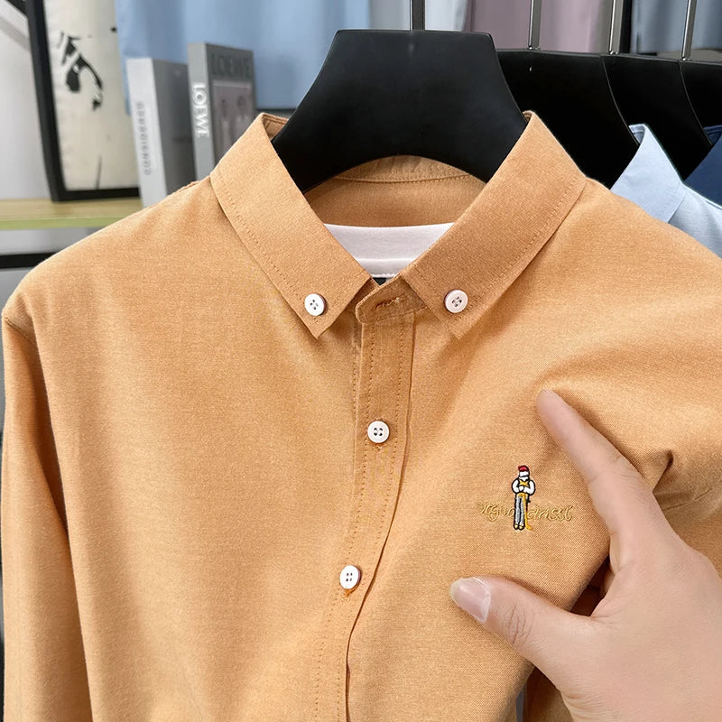 Light luxury fashion men's long sleeve shirt brand cartoon embroidery high-quality business casual solid color golf lapel top