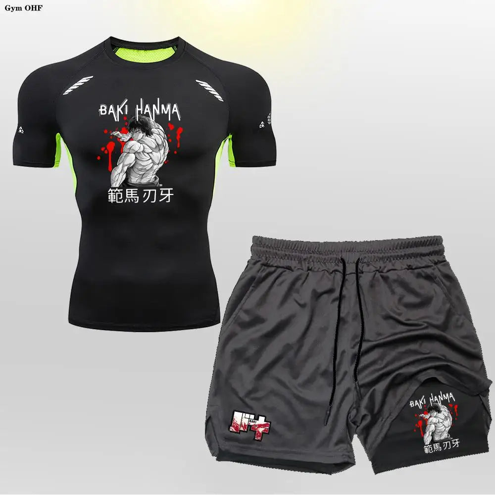 Anime Baki Sport Suits Runing Compression Shirt Shorts Sets Gym Fitness Jogging Training Rashguard Sportwear 2 in 1 Mens