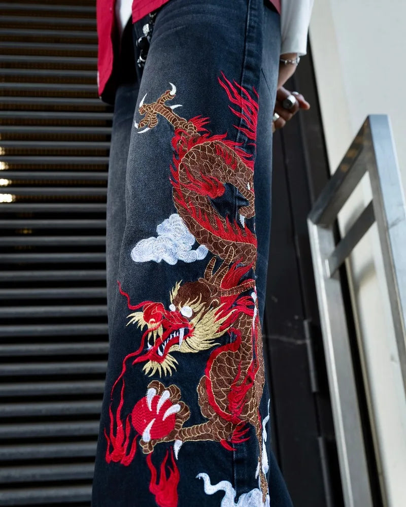 Y2K baggy Jeans Dragon Graffiti Embroidery High Waist Men Women Vintage Streetwear 2000s Harajuku Casual Loose Wide Leg Jeans