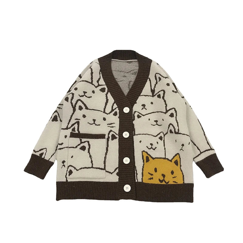 Harajuku Cartoon Cat Cardigan Sweater Men Streetwear Pattern College Knitwear Casual Knitted Japanese Knit Jacket Women Unisex