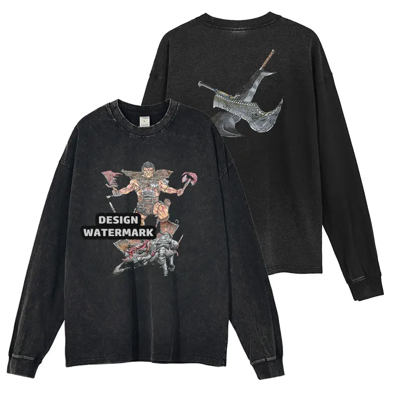 Anime Griffith Sweater Oversized Vintage Washed B -Berserk Long Sleeve T Shirt Manga Guts Pullover Zodd Sweatshirts 100% Cotton
