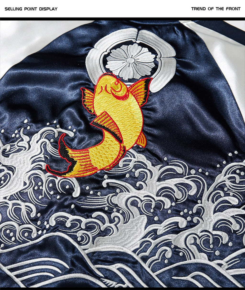 Japanese Sukajan Koi Fish Embroidered Satin Bomber Jacket Wave Print Varsity Jacket Men's and Women's Baseball Jackets