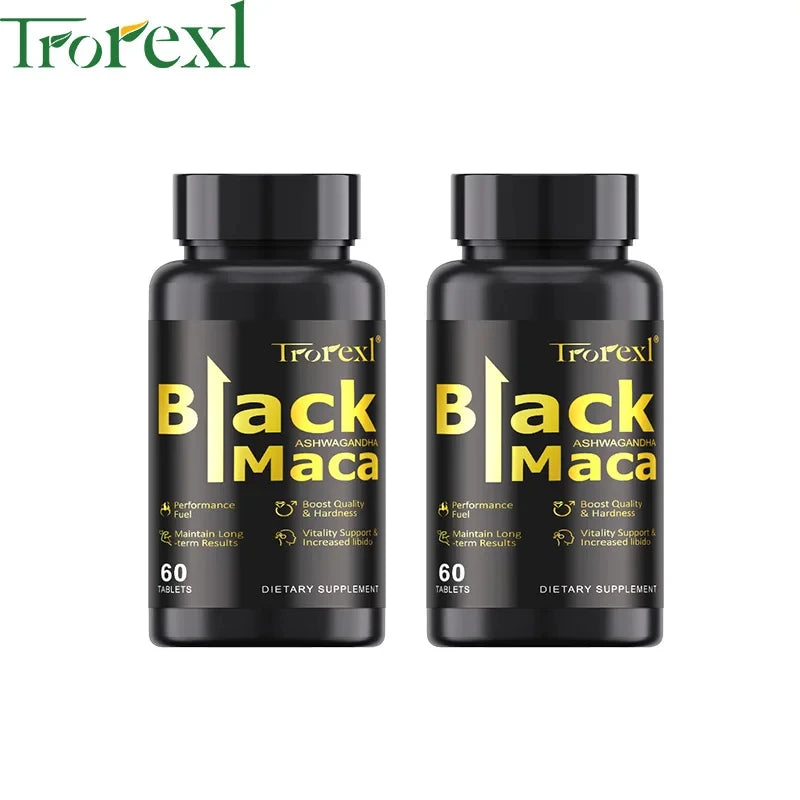 TOP STRENGTH Black Maca Ashwagandha Tablets for Men Potency| Natural Energy + Stamina Booster | 60 Caps