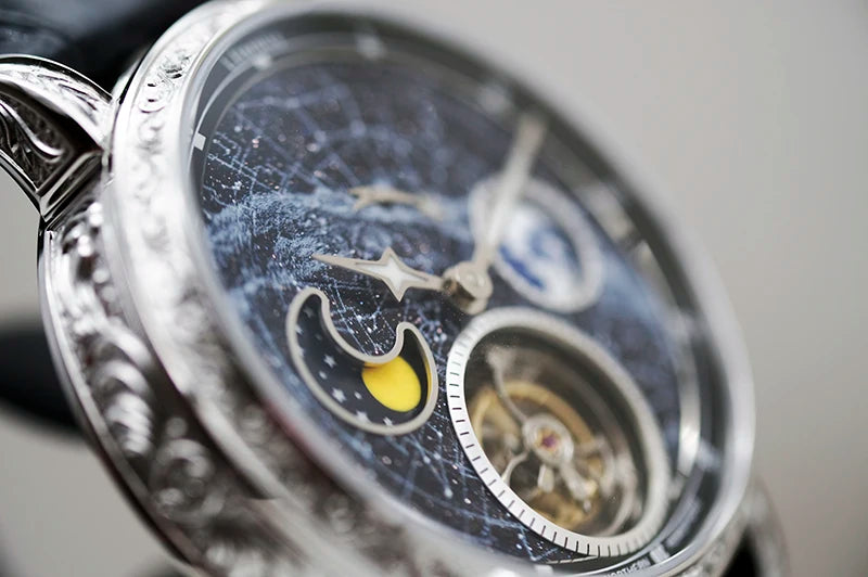 Super Mens Automatic Tourbillon Mechanical Watch Milky Way 3D Rotate Earth Moonphase Business Male Wrist Watches Luminous Dial