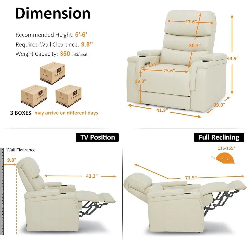 Power Recliner Chair with Lumbar Support, Armrest Storage, Tray Table, and Dual Charging Ports (Beige)
