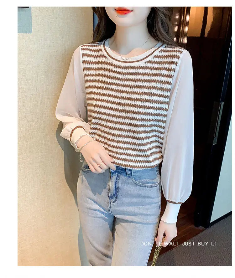 Patchwork Striped Fake Two Pieces Blouse Spring Autumn Long Sleeve O-neck Korean Shirt Tops Fashion Temperament Women Clothing
