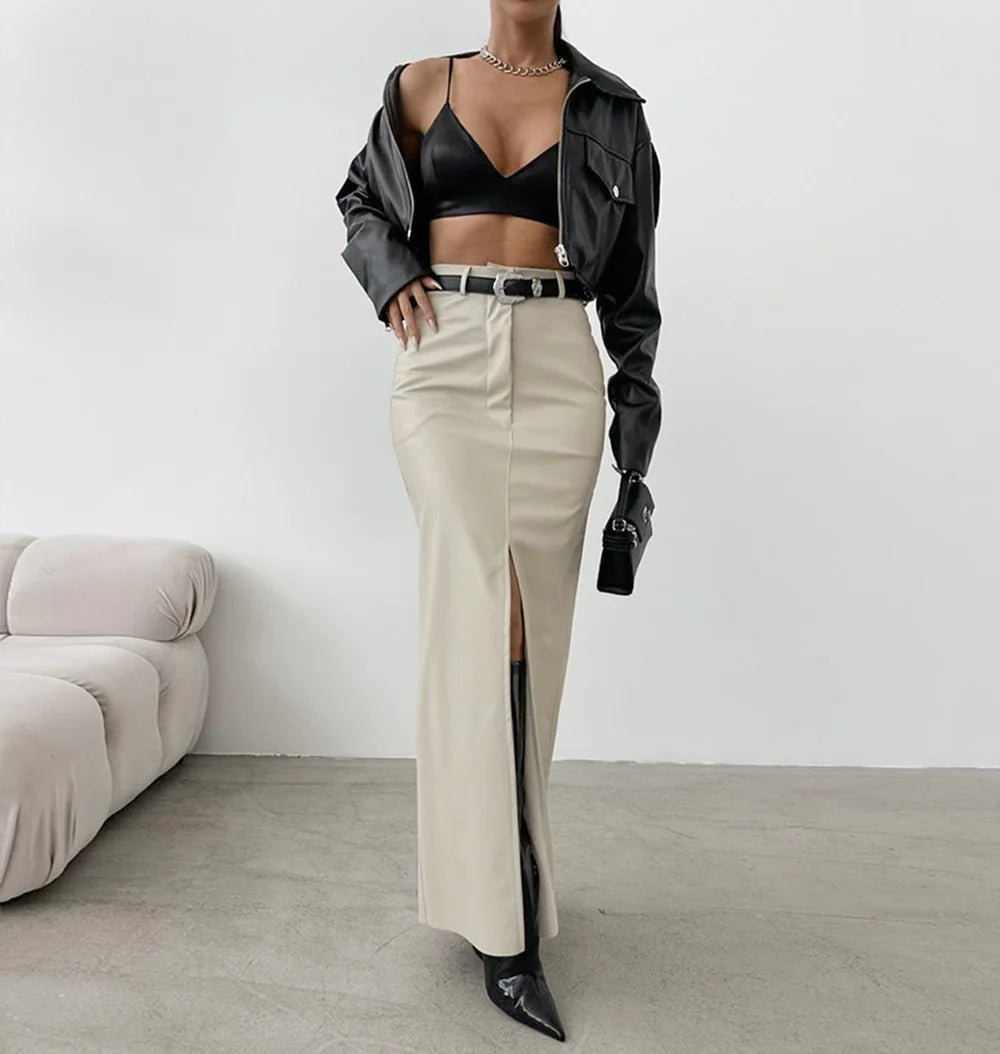 Women's Split Design Solid Color High Waist Pu Leather Skirt 2026 Spring Fall Office Lady Trendy Streetwear Long Skirts