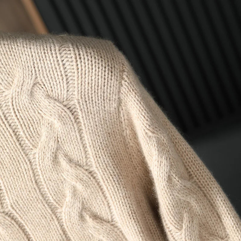 Men's 100% Pure Cashmere Knitting High Neck Cardigan Zipper Thickened Coat Fashion Old Money Style Big Fried Dough Twist Design