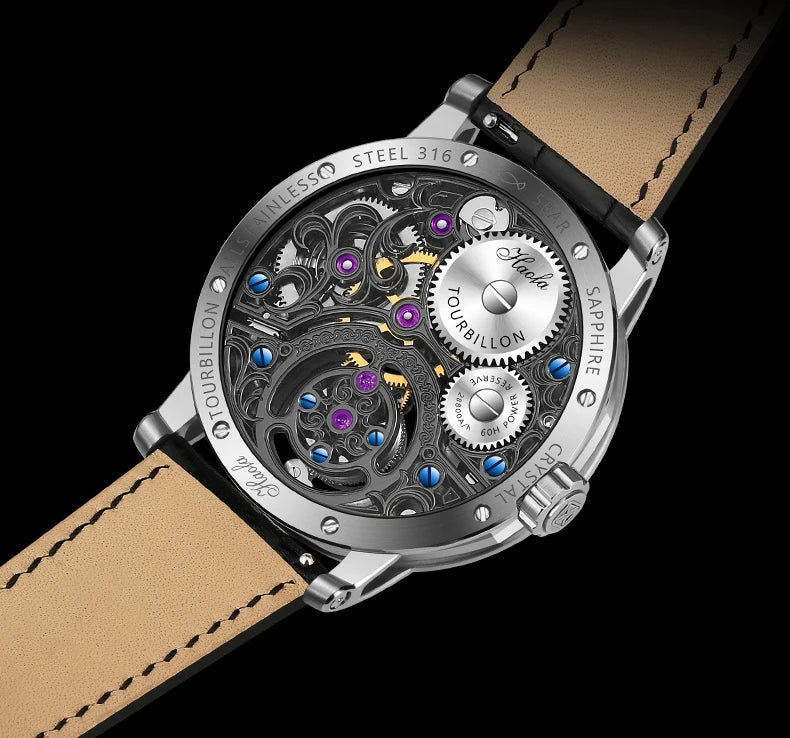 Haofa Manual Tourbillon Watch for Men Moonphase Energy Display Dial Skeleton Movement Sapphire Mechanical Wristwatches 1939