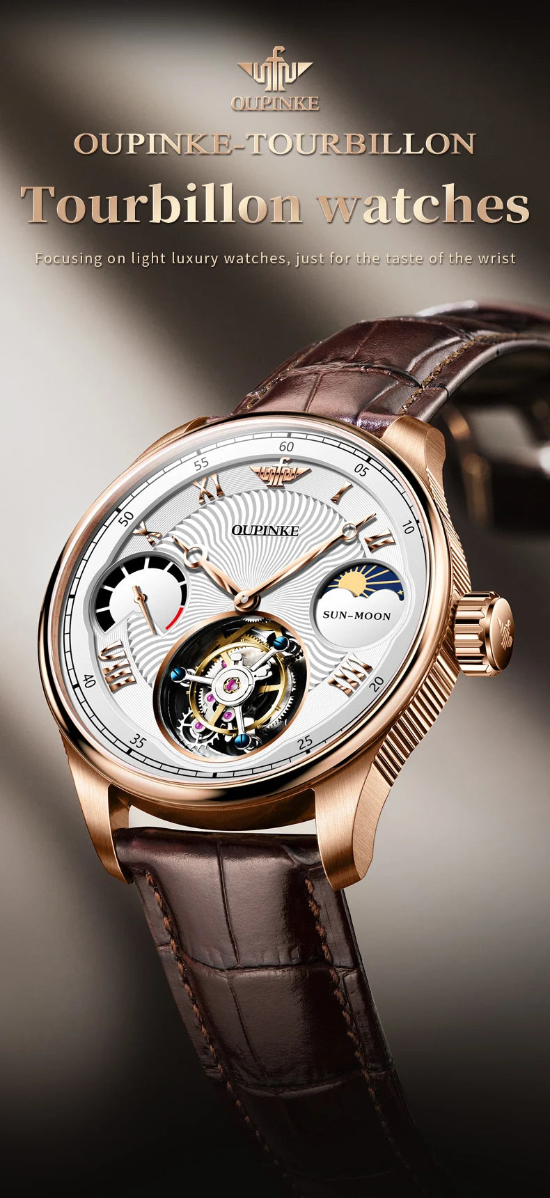 OUPINKE Men's Watch Top Luxury Fashion Original Tourbillon Mechanical Watch for Man Leather Strap Sapphire Mirror Moon Phase
