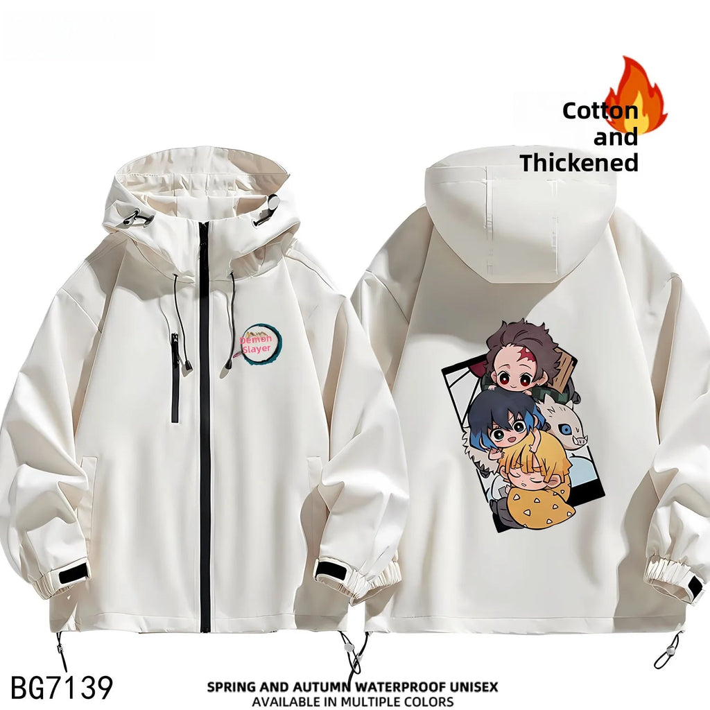 Ruike Men's Thiened Cotton Hooded Jaet Casual Outdoor Waterproof Spring Autumn Winter Anime Ghost Slayer Coat Jaet