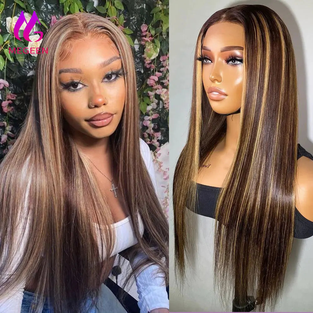 Megeen 13X4 Transparent Lace Frontal Wig Highlight P4/27 Human Hair Honey Blonde Straight Lace Front Wig Colored Ombre Wigs Remy