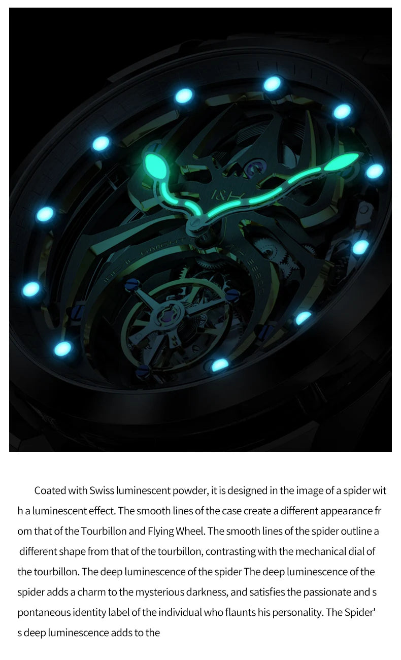 Ideal Knight Automatic Mechanical Watch for Men Hollow out Spider Design   Flywheel Movement Sapphire Mirror Men's Watches